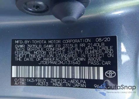 2021 Toyota Corolla Le from USA, damaged, VIN JTDEPMAE2MJ137640